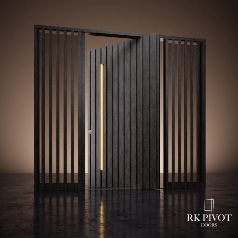 RK Pivot Doors - Drehtüren mit holzfarbenen Lamellen verkleidet - Terra Anteak