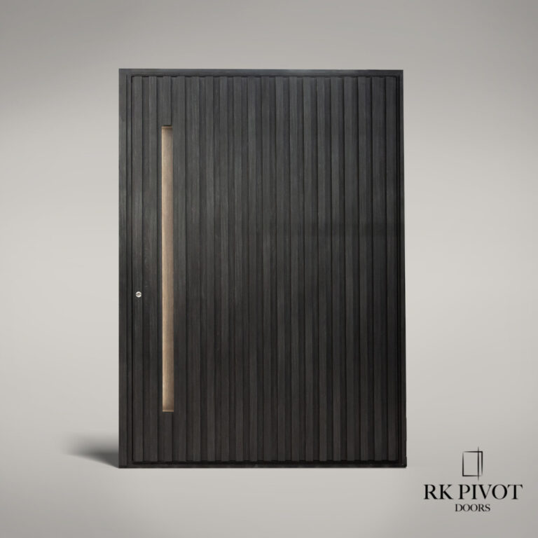 RK Pivot Doors - moderne Drehtüren mit holzfarbenen Lamellen verkleidet - Terra Anteak