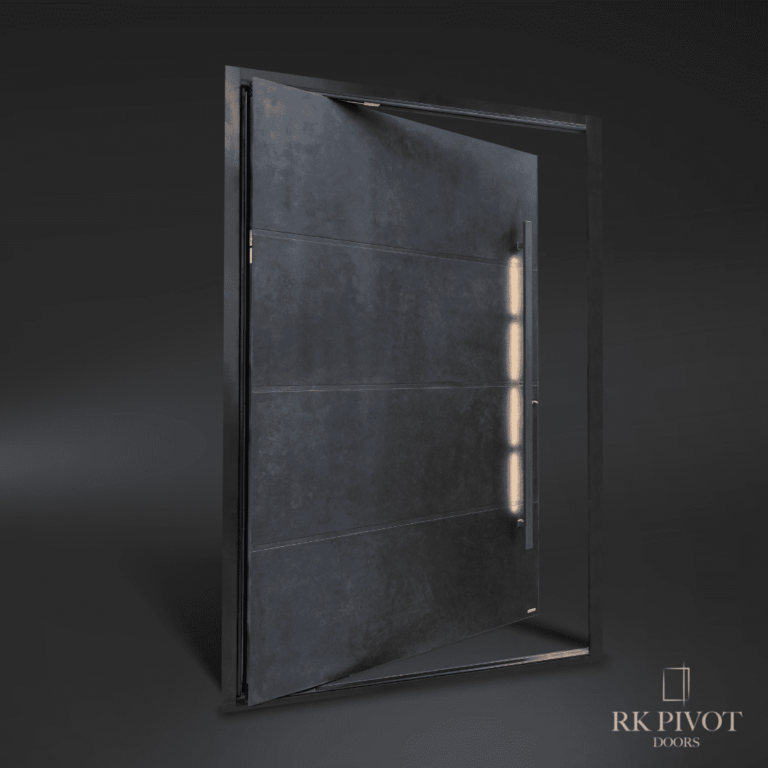 Drzwi zewnętrzne RK Pivot Doors pokryte metalem ciekłym Elite Metal Finish