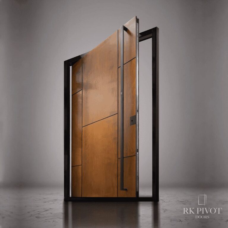 Drzwi Pivot w kolorze drewna - RK Pivot Doors - płyta HPL Espana
