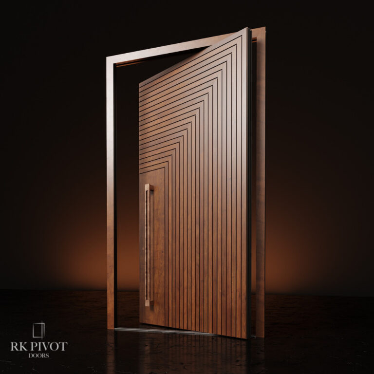 RK Pivot Doors- drzwi w kolorze drewna z głębokimi wgłębieniami