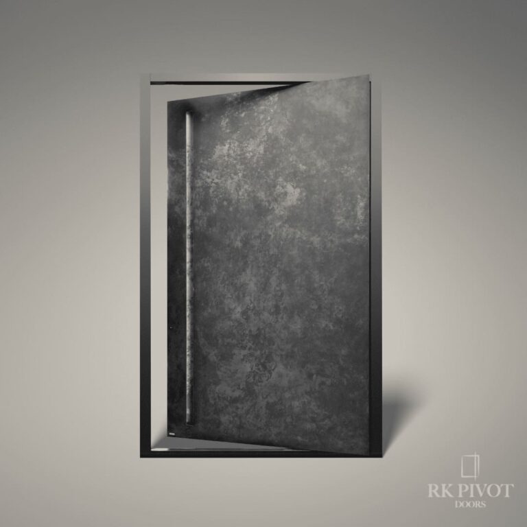 Mit flüssigem Metall überzogene Drehtür - Metallausführung der Außentüren von RK Pivot Doors