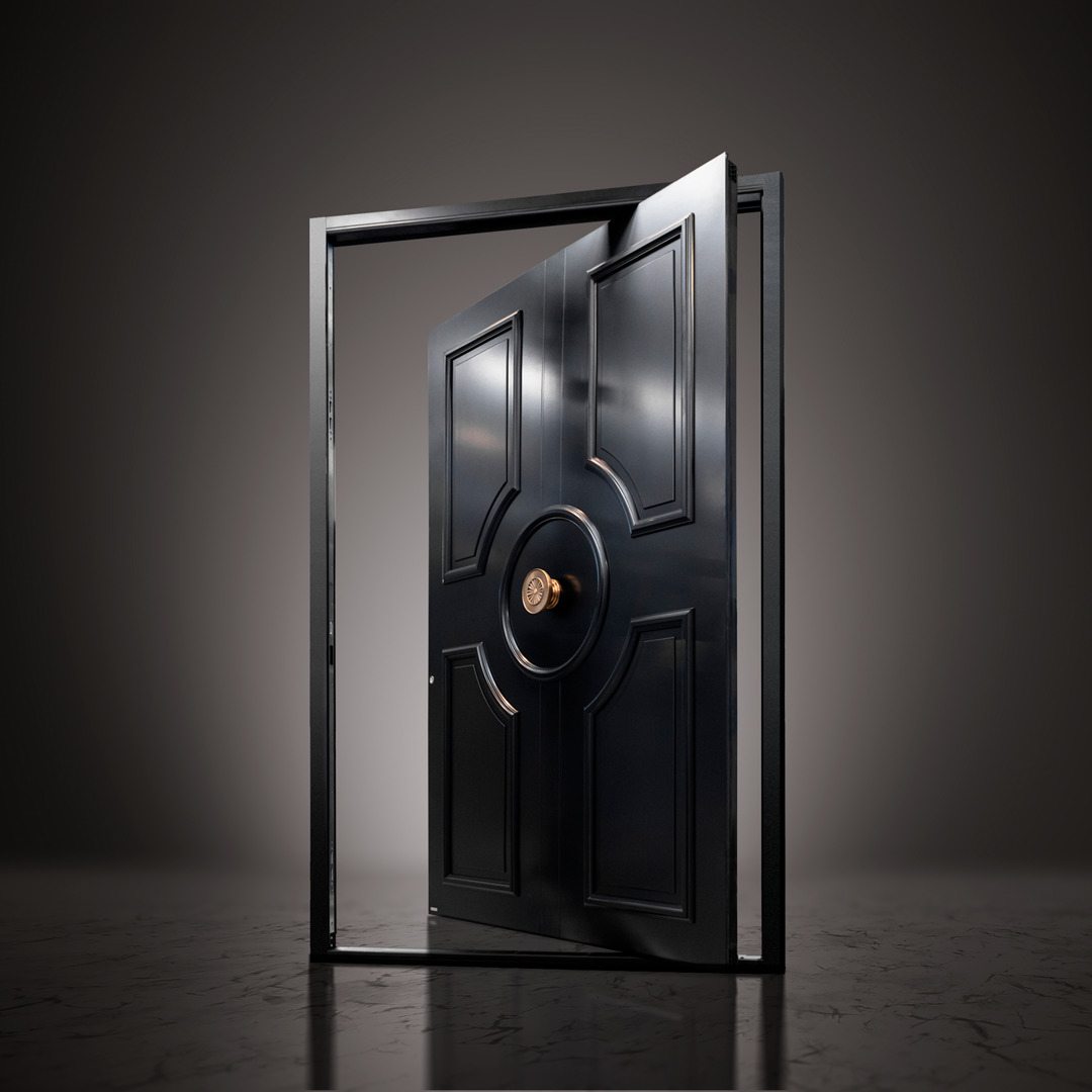 RK Pivot Doors - pivot porte noire main courante dorée
