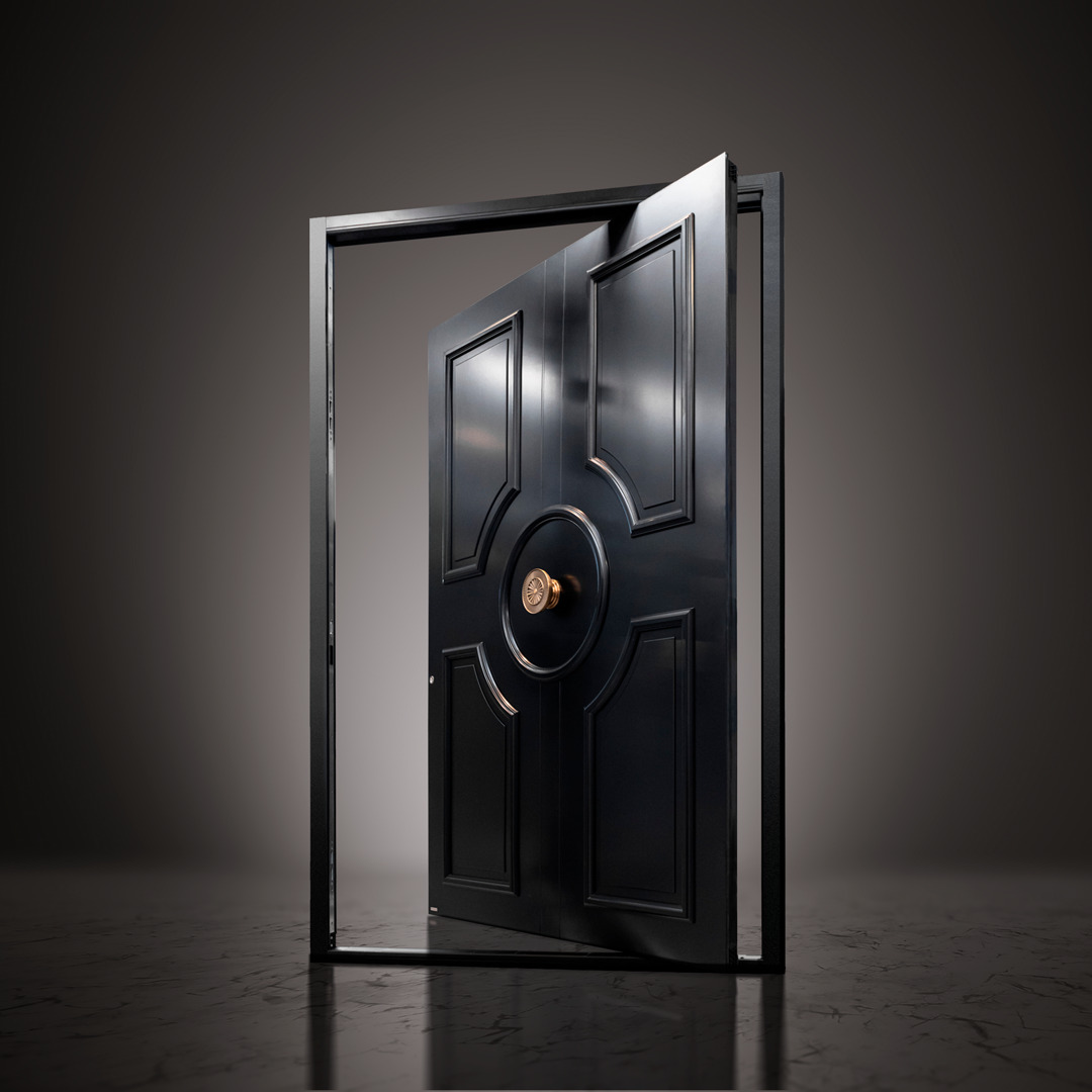 RK Pivot Doors - Pivot - black door - gold handrail