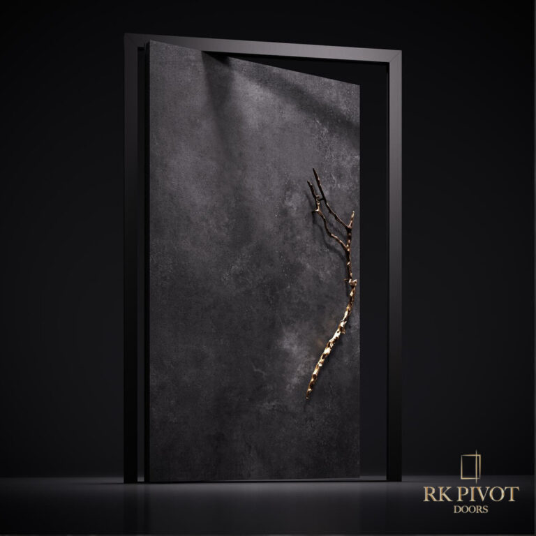 RK Pivot Doors - Sinterstein Ossido Nero Schwenktüren mit goldenem Handlauf Zweig